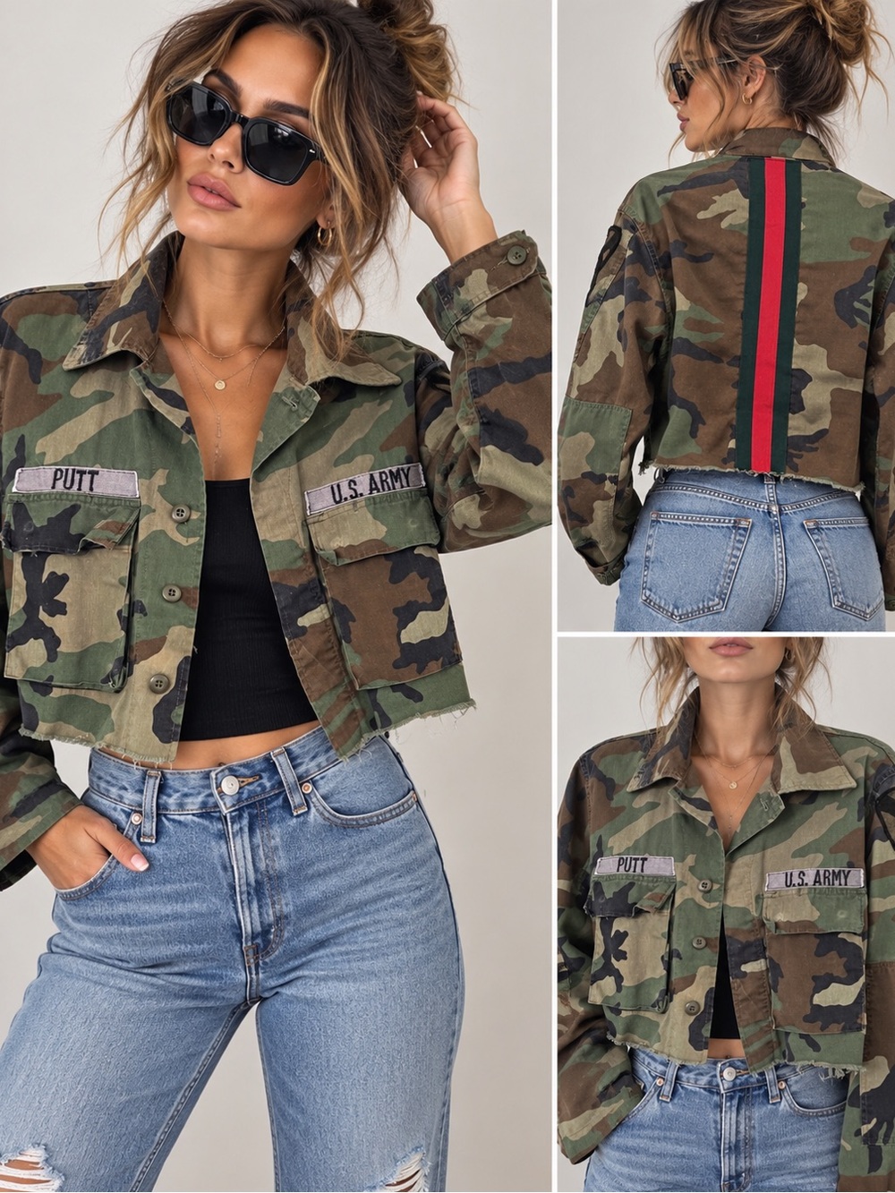 Vintage Cropped Camo Utility Jacket with Back Stripe - Green med